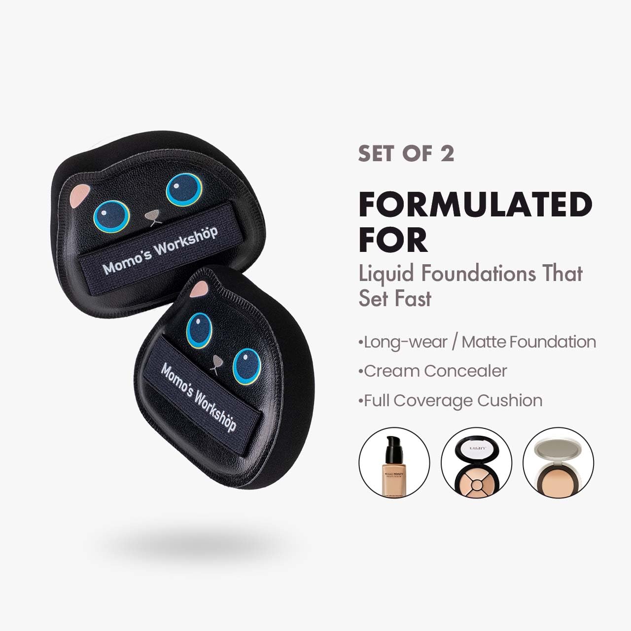 Black Cat Toto Airy Marshmallow Puff,Makeup Sponge,Rubycell Material,Pointed Tip for Concealer + Flat Side for Foundation, Longwear Makeup, Travel Friendly & Reusable,2pcs Puffs & Storage Case-BrightBean Baby