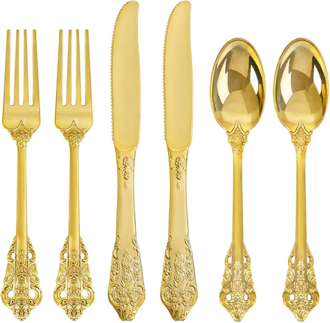 bUCLA 300PCS Gold Plastic Silverware Disposable - Heavy Duty Plastic Cutlery - Gold Disposable Utensils Set - Include 100 Knives, 100 Forks, 100 Spoons for Party & Thanksgiving