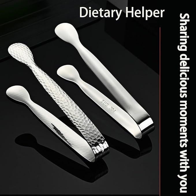 4Pcs 4.3" Stainless Steel Mini Ice Tongs – Ideal for coffee bars, tea parties, dessert events & kitchen use (sugar/ice buckets, appetizers). Available in shiny/textured surface styles for versatile