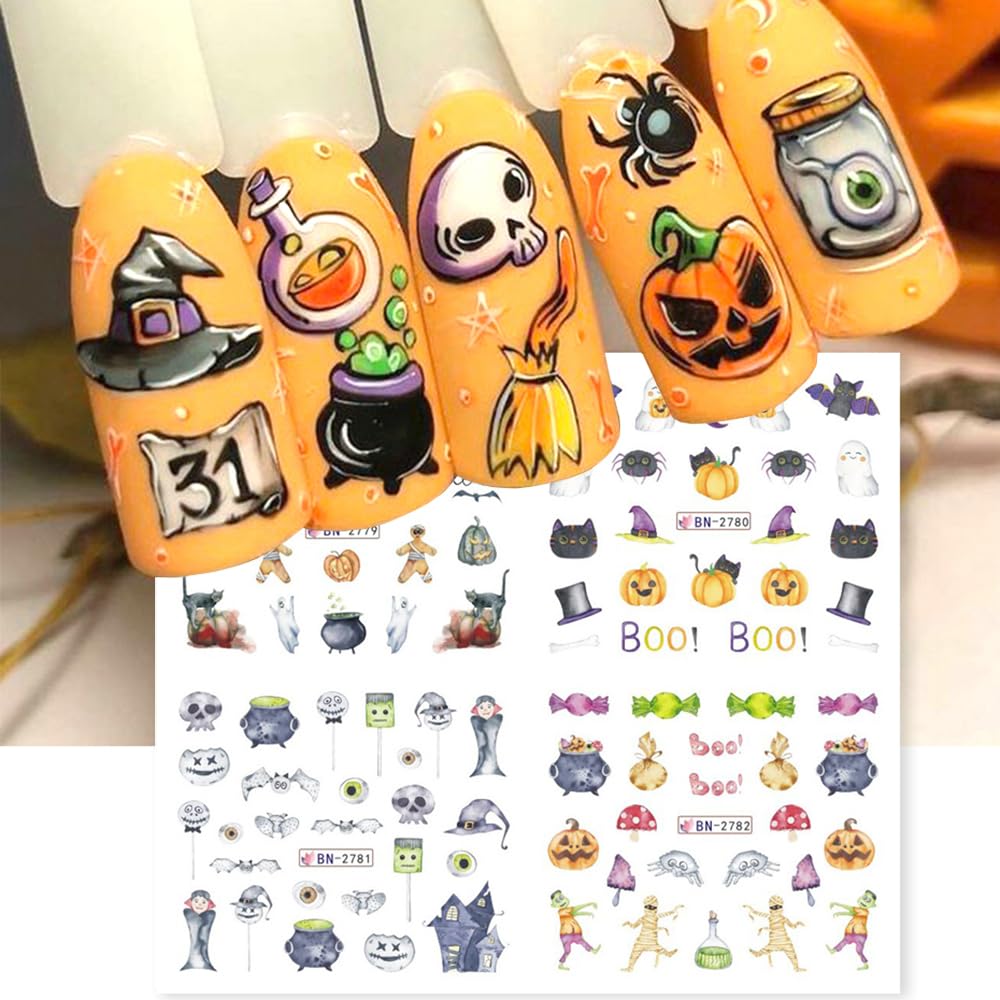 Halloween Nail Stickers 12 Sheets Pumpkin Halloween Nail Art Supplies Decorations Water Transfer Nail Decals Cute Ghost Witch Bat Skeleton Spider Design Watermark Slider Nail Foils for Women DIY-BrightBean Baby
