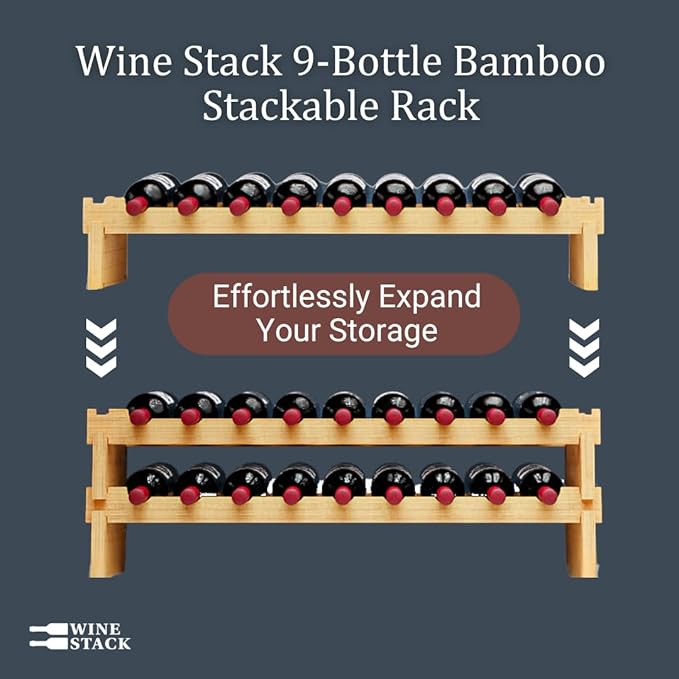 9 Bottle Bamboo Stackable Small Wine Rack for Countertop, No Tools Assembly, Durable, Wine and Liquor Bottle Storage for Small Spaces