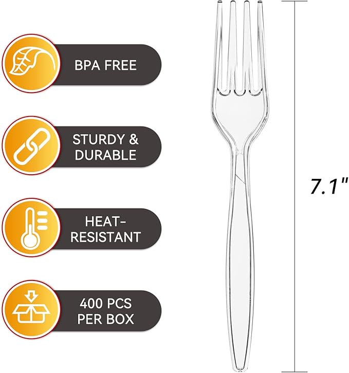 400 Count Plastic Forks Heavy Duty, Clear, BPA-Free, Heat Resistant, Solid and Durable Disposable Forks Bulk, Premium Plastic Forks heavy duty for Party Supply