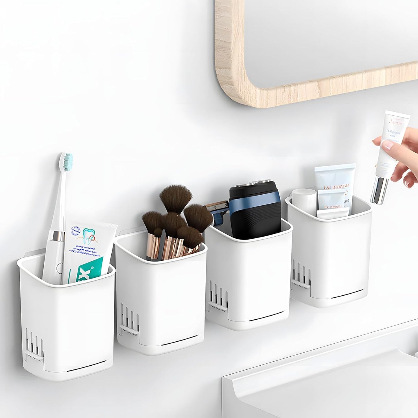 2 Packs Wall Mounted Toothbrush Holders, Self Adhesive Bathroom Toothbrush Wall Holder for Electric Toothbrush, Toothpaste, Razor,Shower Item (White-BrightBean Baby