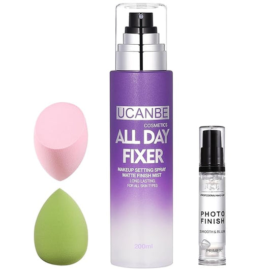 UCANBE Makeup Setting Spray + Face Primer + Make Up Sponge, Gel-Based Hydrating Primer, Lightweight, Long Lasting Matte Finishing Spray,Beauty Blender Set-BrightBean Baby