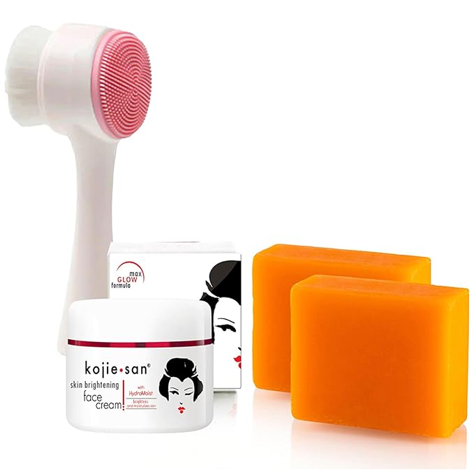 Kojie San Skincare Bundle - Facial Brightening Set with 2 Bars of Kojic Acid Soap, Face Cream & Exfoliating Face Brush-BrightBean Baby