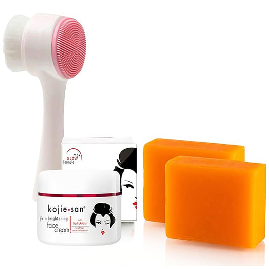 Kojie San Skincare Bundle - Facial Brightening Set with 2 Bars of Kojic Acid Soap, Face Cream & Exfoliating Face Brush-BrightBean Baby