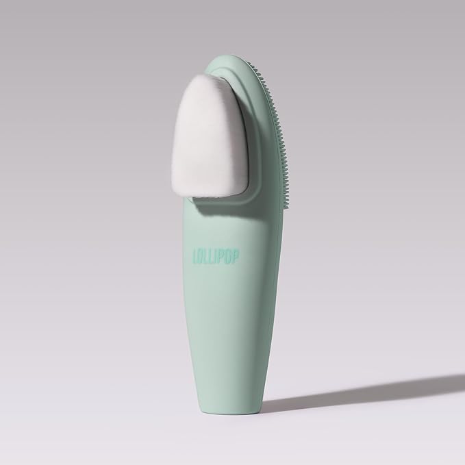 LOLLIPOP Dual-Sided Facial Cleansing Brush | Handle Size Silicone Face Exfoliator and Soft Fiber Cleanser | Manual Face Scrubber for Pores, Makeup Removal, Blackhead and Skincare Routine, Minty-BrightBean Baby