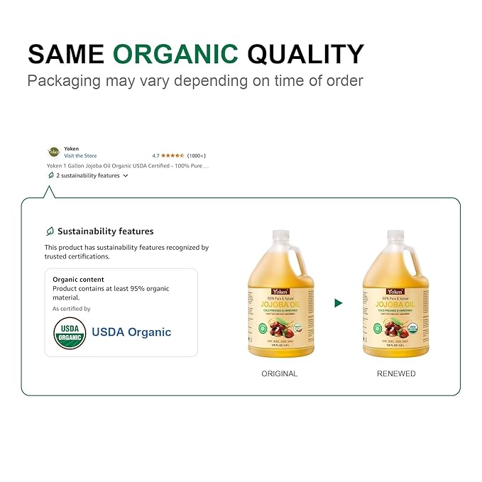 Yoken 1 Gallon Jojoba Oil EWG Verified - 100% Pure Jojoba Oils Bulk Cold Pressed Unrefined Hexane Free Virgin Golden jojoba Carrier Oil for Hair Skin Massage DIY Natural Body Moisturizer-BrightBean Baby