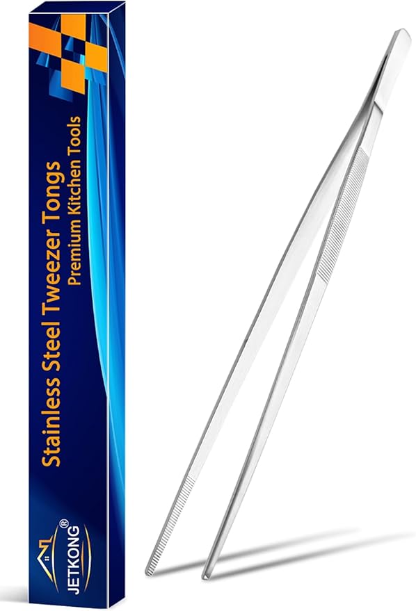 JETKONG 12 Inch Kitchen Tweezers Cooking Tweezer Tongs, Stainless Steel Food Tweezers Multi-function Precision Serrated Tips Kitchen Serving Tong