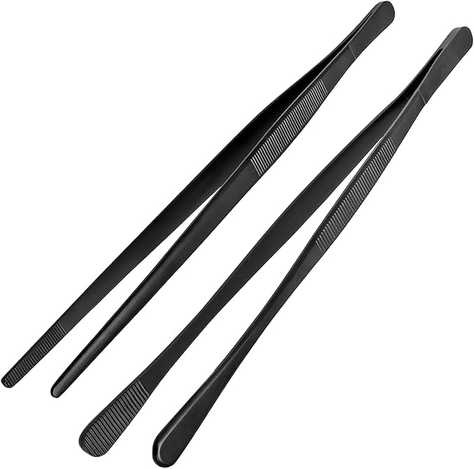 Litoexpe 2 PCS 10 Inches Fine Tweezer Tongs, Stainless Steel Cooking Tongs for BBQ Sea Food Repairing Serving, Black