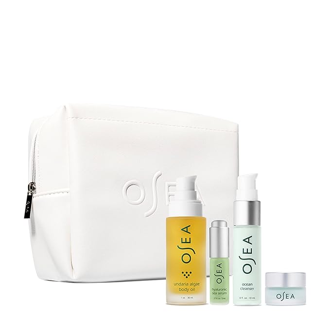 OSEA Bestsellers Discovery Skincare Set - 4-piece Skin Care Set - Vegan Leather Pouch, Body Oil, Face Cleanser, Water Cream, & Hyaluronic Acid Serum - Clean Beauty Travel Set - Ideal for Beauty Gifts-BrightBean Baby