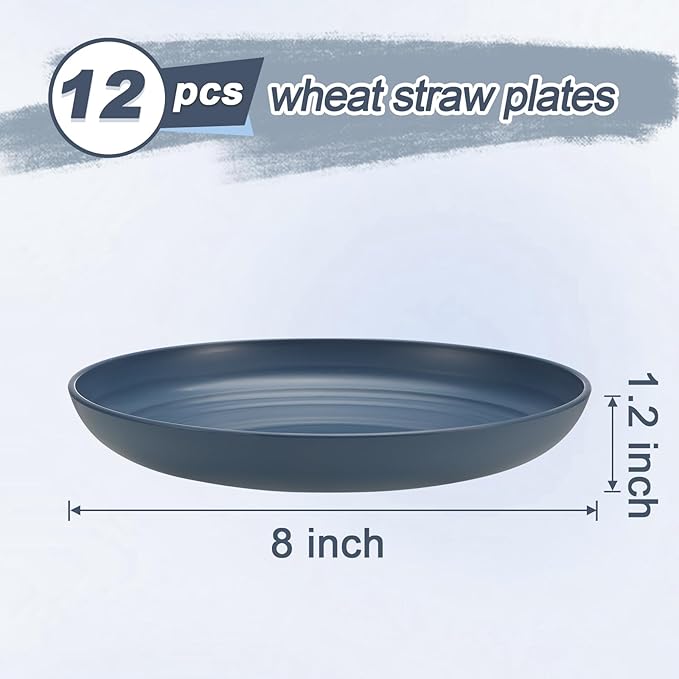 12 Pcs Unbreakable Deep Dessert Plates Set, 8 inch Reusable Plastic Wheat Straw Plates, Microwave and Dishwasher Safe Plate for Kitchen, Lightweight Plate for Dessert, BPA Free, Dark Blue