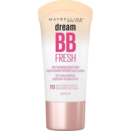 Maybelline Dream Fresh Skin Hydrating BB cream, 8-in-1 Skin Perfecting Beauty Balm with Broad Spectrum SPF 30, Sheer Tint Coverage, Oil-Free, Light/Medium, 1 Fl Oz-BrightBean Baby