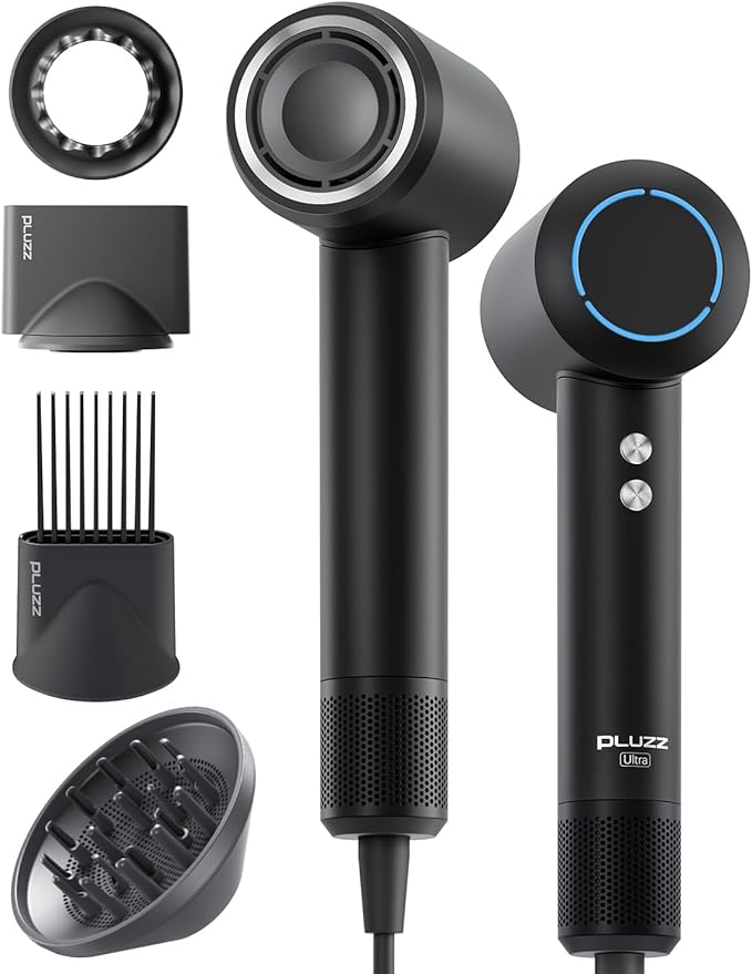 Hair Dryer with Comb & Diffuser Attachment for Curly Hair, PLUZZ 200M Negative Ionic Blow Dryer Brush, High-Speed Brushless Motor Hairdryer Fast, Portable Travel Hair Dryers Quiet, Women/Men/Kids-BrightBean Baby