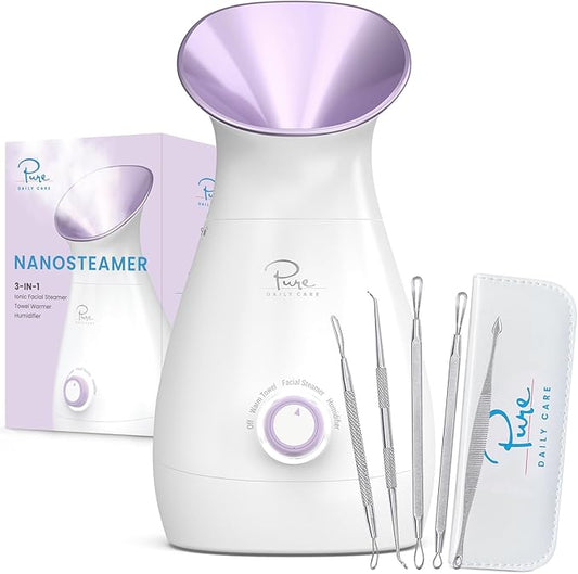 NanoSteamer Large 3-in-1 Nano Ionic Facial Steamer with Precise Temp Control - Humidifier - Unclogs Pores - Blackheads - Spa Quality - Bonus 5 Piece Stainless Steel Skin Kit (Lilac)-BrightBean Baby