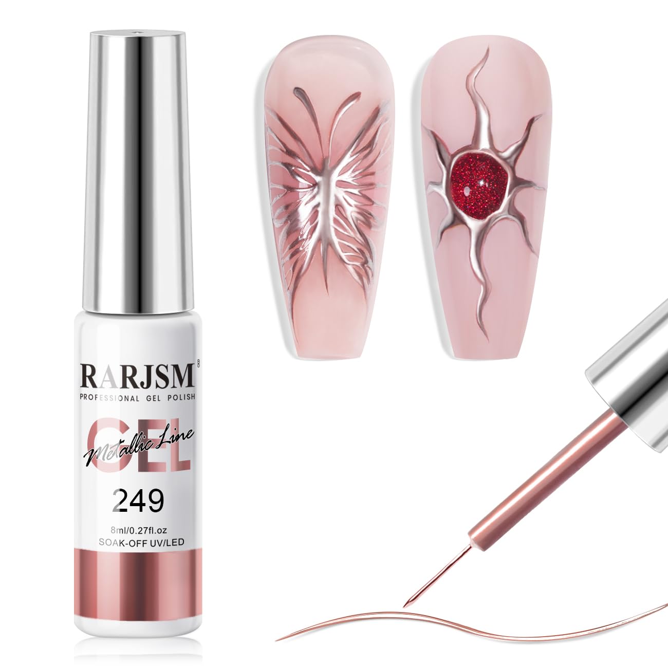 RARJSM Metallic Gel Liner Nail Art Rose Gold 3D Mirror Chrome Effect Gel Nail Polish 8ml Painting Build in Thin Brush Metal Painted Drawing Striper Gelpolish Soak off Curing Requires for Home Salon-BrightBean Baby