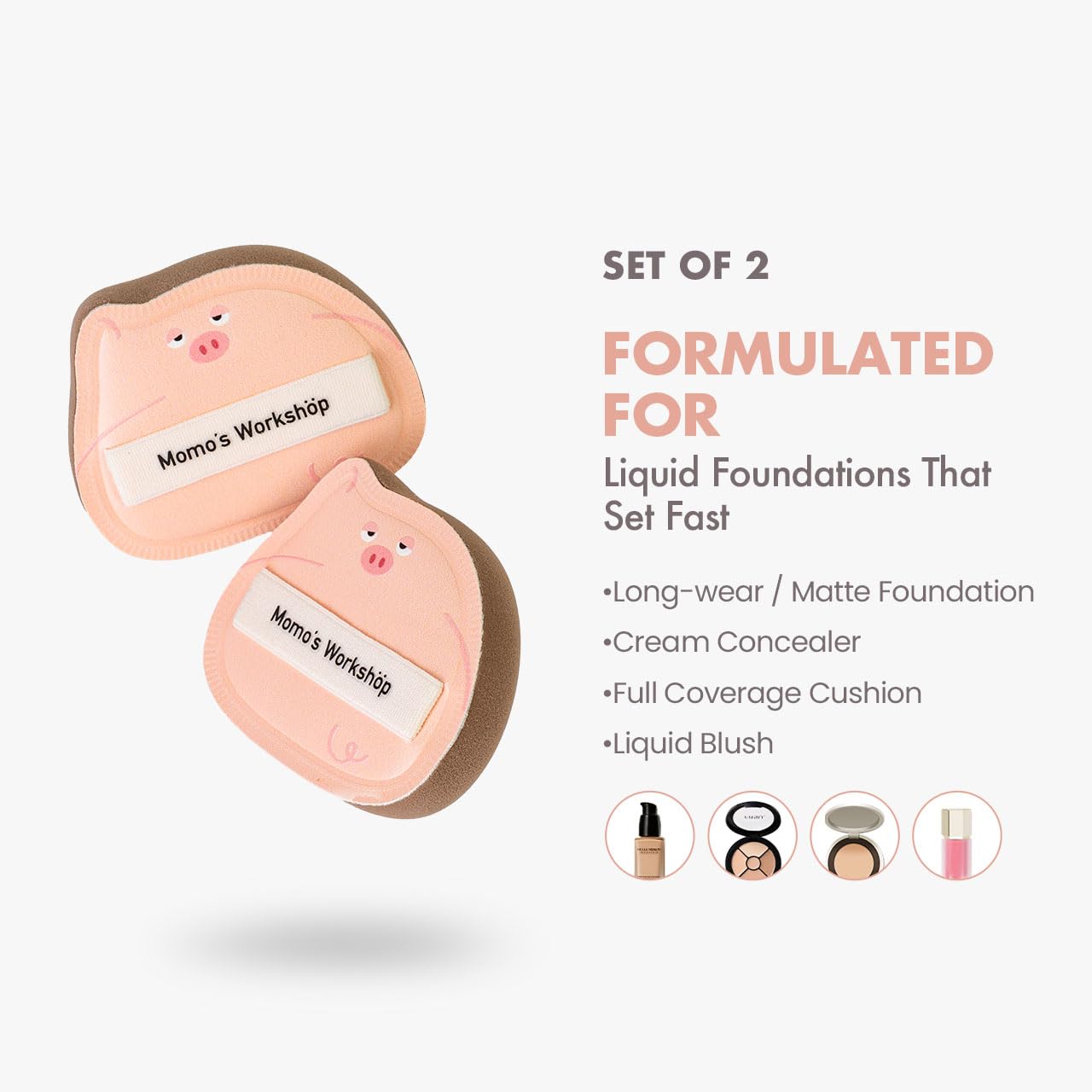 Sleepy Pig Puffs, Makeup Sponges Set, Dry&Wet Dual-Use Foundation Sponge - Hydrophilic Polyurethane, Expands 1.3x When Wet for Cream Foundation/Liquid Blush/Highlighter,2pcs Puffs & Storage Case-BrightBean Baby