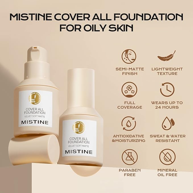 MISTINE Liquid Foundation Makeup Full Coverage Foundation for Oily Skin,24 Hour Oil Control Makeup Foundation,Skin-Caring,Moisturizing Formula,Waterproof Foundation,Matte Finish,Satin,1 Fl Oz-BrightBean Baby