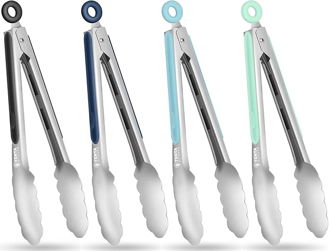 Tongs for Cooking, 9-Inch Stainless Steel Kitchen Tongs, Locking Metal Food Tongs with Silicone Non-Slip Grip, Kitchen Utensils Tongs for Food, Salad and Outdoor BBQ (Set of 4)