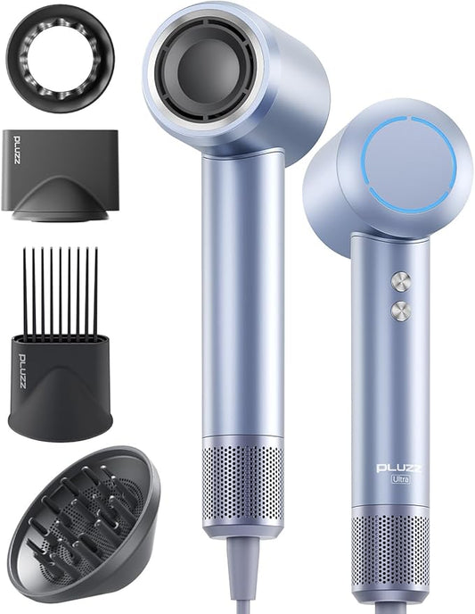 Hair Dryer with Comb & Diffuser Attachment for Curly Hair, PLUZZ 200M Negative Ionic Blow Dryer Brush, High-Speed Brushless Motor Hairdryer Fast, Portable Travel Hair Dryers Quiet, Women/Men/Kids-BrightBean Baby