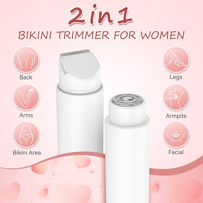 Bikini Trimmer for Women - 2 in 1 Electric Body Hair Trimmer for Silky Skin, Cordless Body Shaver for Travel, IPX7 Waterproof & Easy to Clean, Replaceable Ceramic Blade Heads (White)-BrightBean Baby