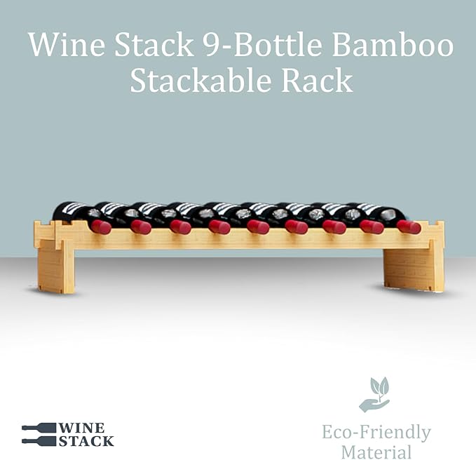 9 Bottle Bamboo Stackable Small Wine Rack for Countertop, No Tools Assembly, Durable, Wine and Liquor Bottle Storage for Small Spaces