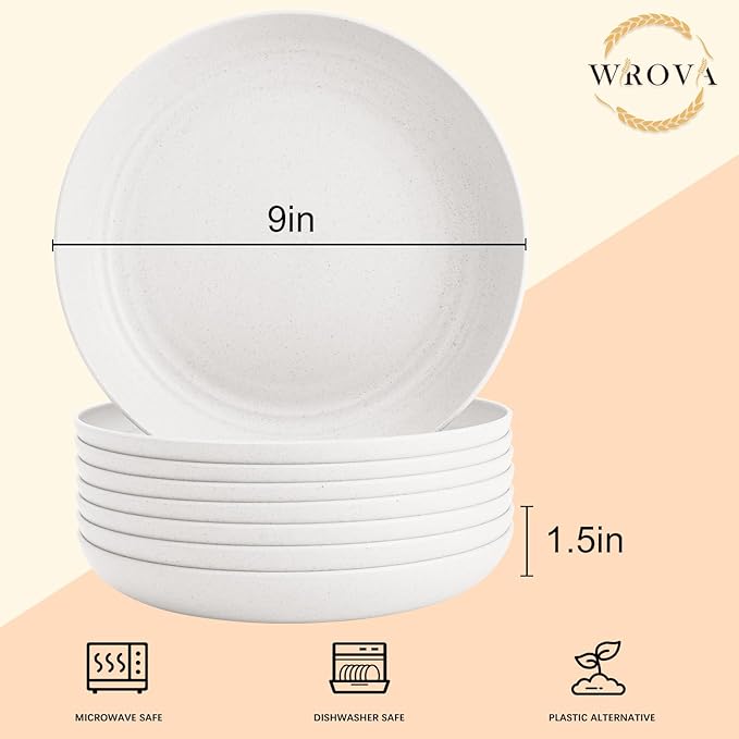 Wrova Wheat Straw Plates - 9 Inch Unbreakable Dinner Plates Set of 8 - Dishwasher & Microwave Safe Plastic Plates Reusable for Kitchen and Camping (white)