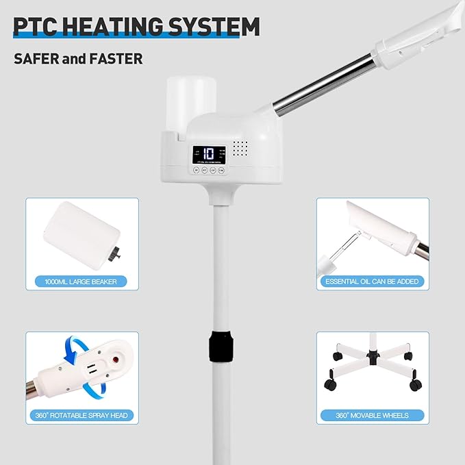 Professional Facial Steamer, Facial Steamer with Hot Mist and Timer Function for Deep Hydration, Height Adjustable Face Steamer on Wheels with Touch Screen and Rotatable Nozzle for Salon Spa Home Use-BrightBean Baby