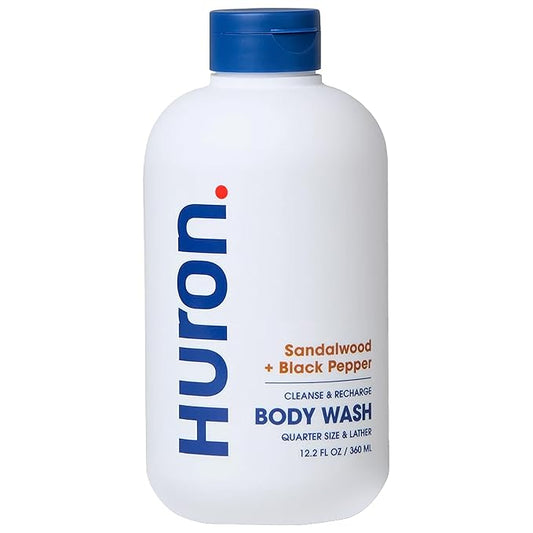 Huron Men’s Moisturizing Body Wash - Clean & Woody Scent of Sandalwood, Black Pepper, Cedarwood, & Amber - Made With Coconut Oil, Vitamin E & Witch Hazel - Vegan, Cruelty-Free - 12.2 fl oz-BrightBean Baby