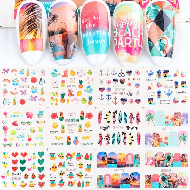 Summer Nail Art Stickers Decals, 12 Sheets of Fruit Hawaii Design Water Transfer Nail Slider Tattoos Holographic Colorful Pineapple Watermelon Pattern Acrylic Nail Art for Summer DIY Nail Decoration-BrightBean Baby