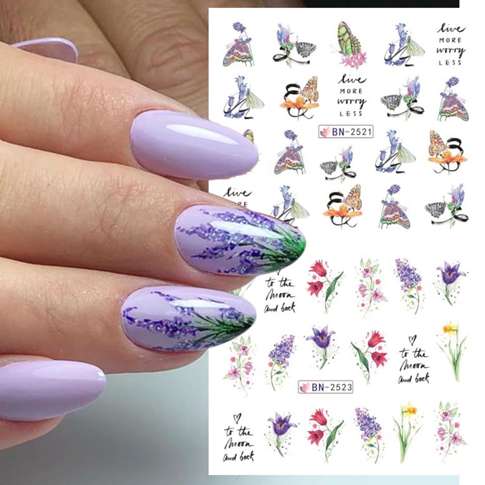 12 Sheets Flower Water Transfer Nail Stickers Purple Fresh Flower Nail Art Decals with Assorted Pattern Blossom Floral Butterfly Dragonfly DIY Nail Art supplies for Women Nail Decorations Manicure Tip-BrightBean Baby