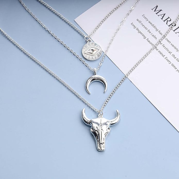 Boho Layered Moon Necklace Silver Compass Disc Pendant Necklace Chain Cow Evil Eye Charm Necklace Jewelry for Women-BrightBean Baby