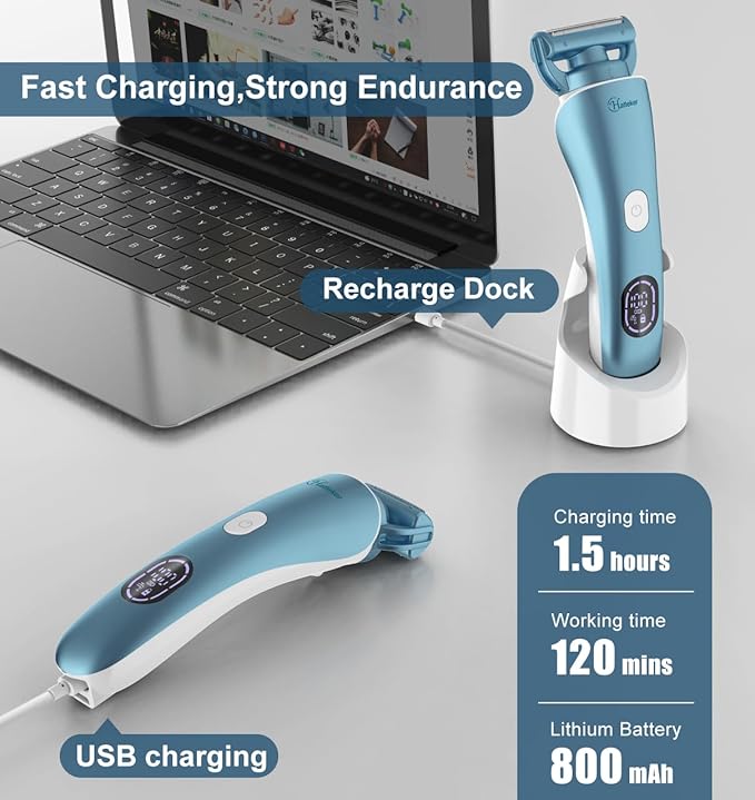 Hatteker Women's Electric Shaver Bikini Trimmer Hair Trimmer for Women Electric Razor for Legs Bikini Underarm Public Hairs Led Display IPX7 Waterproof Gift for Women (Blue)-BrightBean Baby