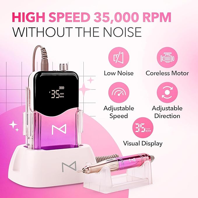 M Mase- Professional Nail Drill Machine - Coreless 2-in-1 Nail File - Electric, Cordless, 35000 RPM, HD Display - Electric Nail Drill for Professional & Home Use (Rose Gold)-BrightBean Baby