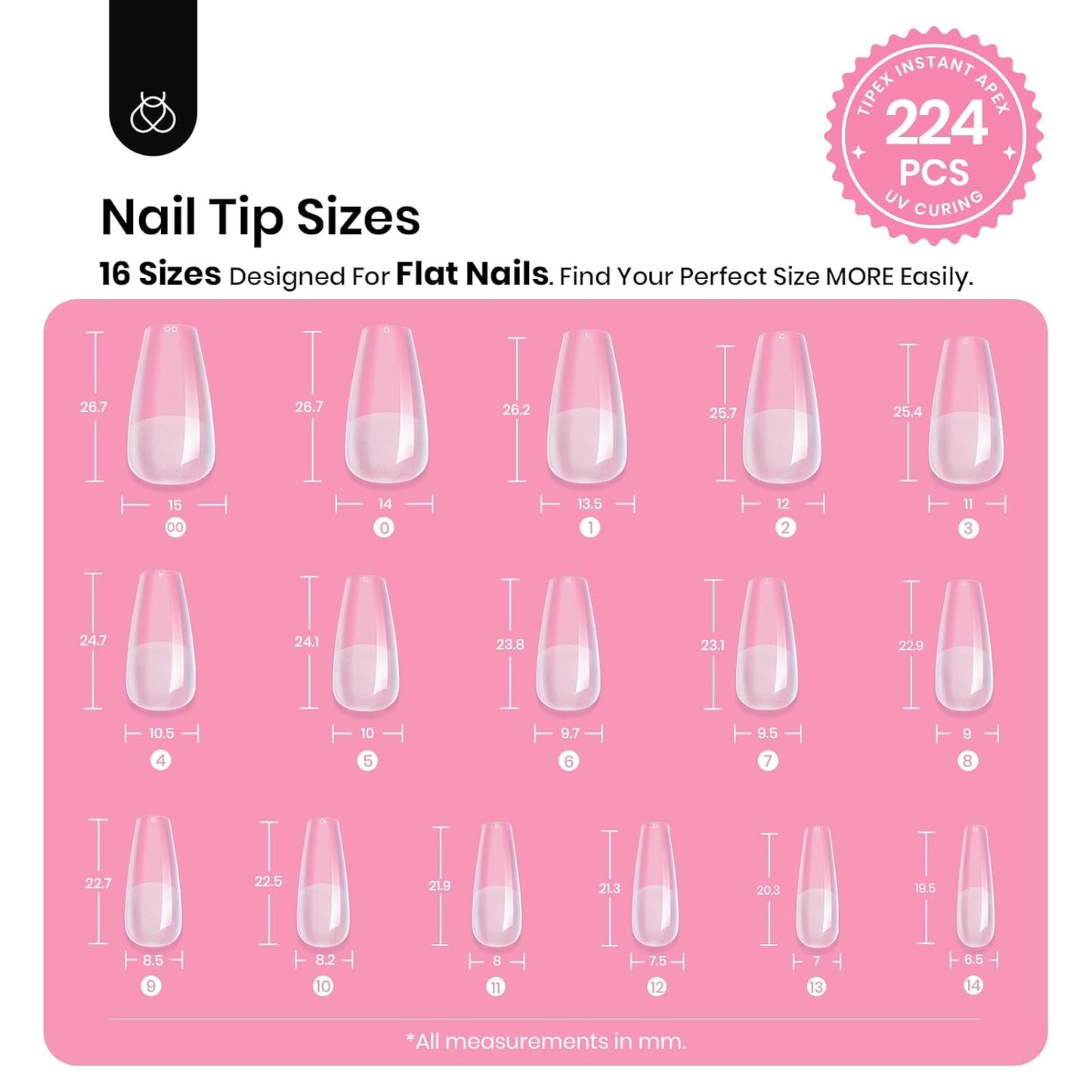 Beetles Tipex Gel Nail Kit with 224Pcs 16Sizes Medium Coffin Apex Nail Tips C Curved , Pre-building Acrylic Nails with Tipex Nail Glue，Mini Nail Lamp, Nail File for DIY Nails or Salon Use-BrightBean Baby