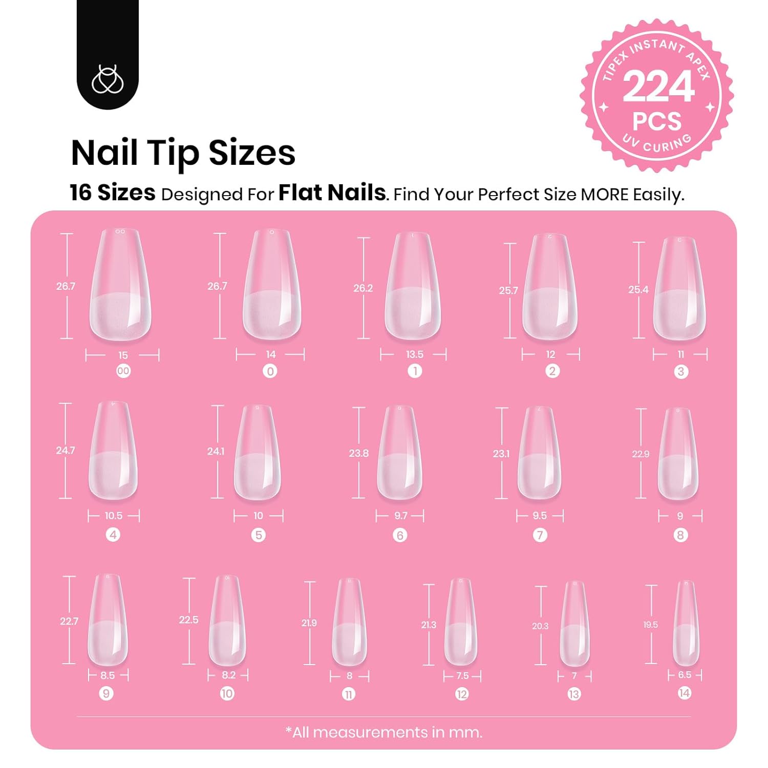 Beetles Tipex Gel Nail Kit with 224Pcs 16Sizes Medium Coffin Apex Nail Tips C Curved , Pre-building Acrylic Nails with Tipex Nail Glue，Mini Nail Lamp, Nail File for DIY Nails or Salon Use-BrightBean Baby