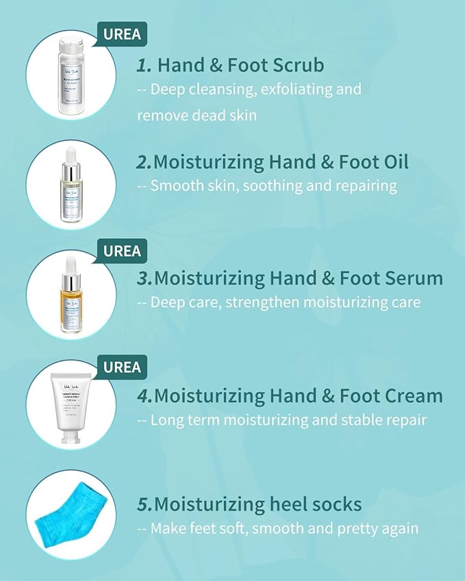 VTS Self Care Kit - Includes Moisturizing Heel Socks, Hand & Foot Oil, Salt Scrubs, Serum, Urea Cream 40 Percent - Hand Care Set, Foot Pedicure Kit for Dry Cracked Heels Feet Knees Elbows Hands-BrightBean Baby