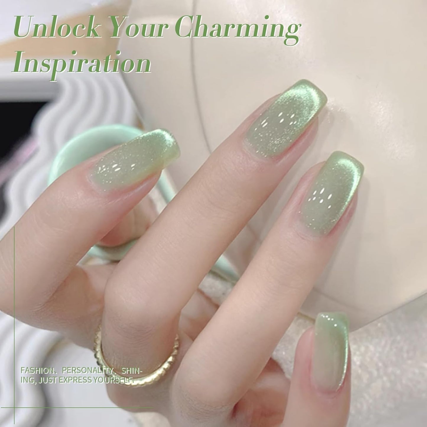 BORN PRETTY Green Cat Magnetic Eye Gel Nail Polish Shimmer Glitter Holographic Aurora Green Magnetic Gel Polish Nail Art Manicure DIY at Home 15ML-BrightBean Baby