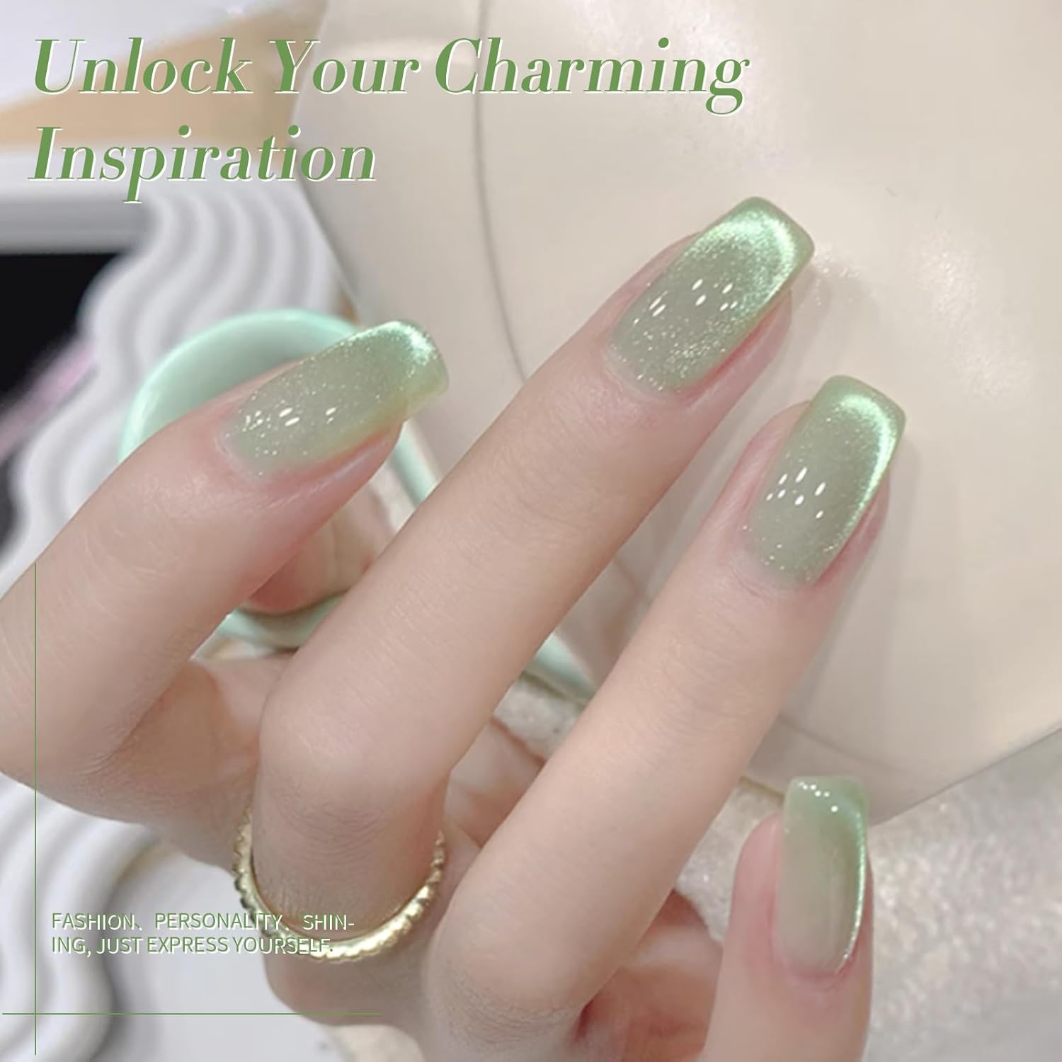 BORN PRETTY Green Cat Magnetic Eye Gel Nail Polish Shimmer Glitter Holographic Aurora Green Magnetic Gel Polish Nail Art Manicure DIY at Home 15ML-BrightBean Baby