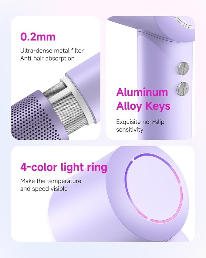 Hair Dryer with Comb & Diffuser Attachment for Curly Hair, PLUZZ 200M Negative Ionic Blow Dryer Brush, High-Speed Brushless Motor Hairdryer Fast, Portable Travel Hair Dryers Quiet, Women/Men/Kids-BrightBean Baby