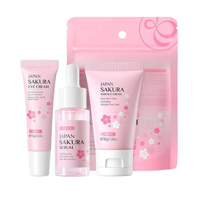 Skin Care Set JAPAN SAKURA Women Beauty Gift Sets Skin Care Kit with Serum, Eye Cream, Face Cream Travel Kit for Women Wife Mom Teen Girls TSA-friendly Sizes Birthday Gift 3pcs-BrightBean Baby