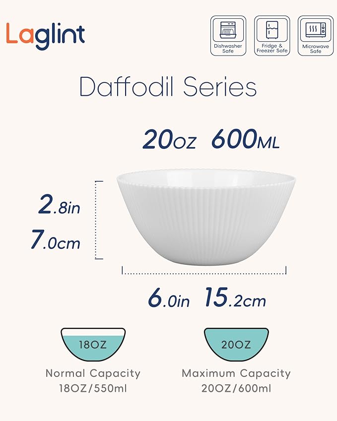 20 OZ Max White Opal Glass Cereal Bowl Set of 6, 6 inch Dishwasher & Microwave Safe Round Ribbed Bowls for Kitchen, Salad, Soup and Rice