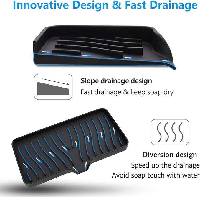 3-Pack Silicone Soap Dish, Sponge Holder for Sink, Kitchen Soap Tray, Bathroom Soap Holder, Sponge Tray with Drain (Black)-BrightBean Baby