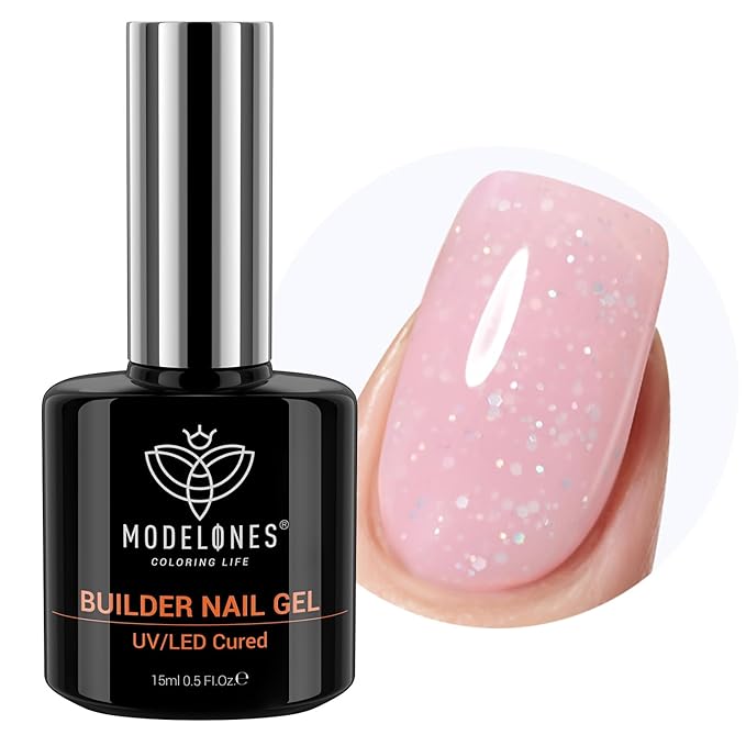 modelones Builder Nail Gel, 8-in-One Nude Pink Glitter Builder, Rainbow Iridescent Shimmer Nail Gel Polish, Jelly Pink Sparkle LED Lamp Cured Hard Rubber Color Base for Home DIY Salon Girls-BrightBean Baby