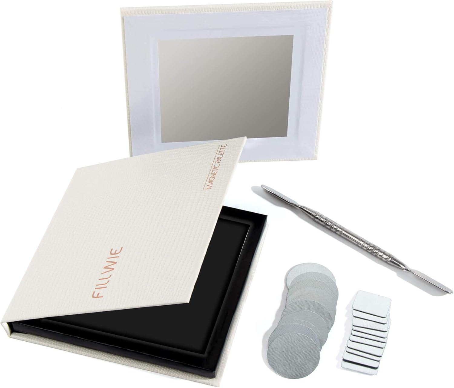 White Magnetic Refillable Makeup Palette with Mirror – Lightweight, Durable, Travel-Ready Case for Eyeshadow, Blush, Lipstick – Includes Spatula & 20 Stickers – Small, Waterproof Paperboard-BrightBean Baby