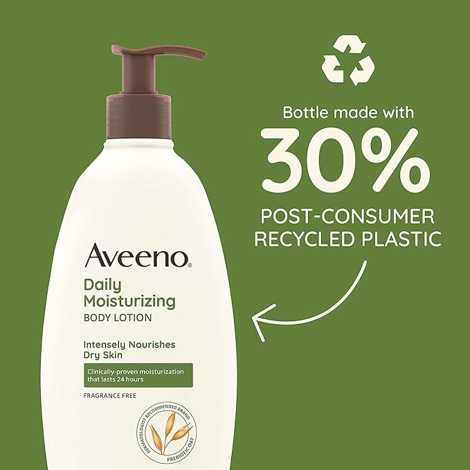 Aveeno Daily Moisturizing Body Lotion for Dry Skin with Prebiotic Oat, Fragrance & Paraben Free, Non-Greasy, Non-Comedogenic, for Sensitive Skin & 72-Hour Moisturizer 18 Fl Oz-BrightBean Baby