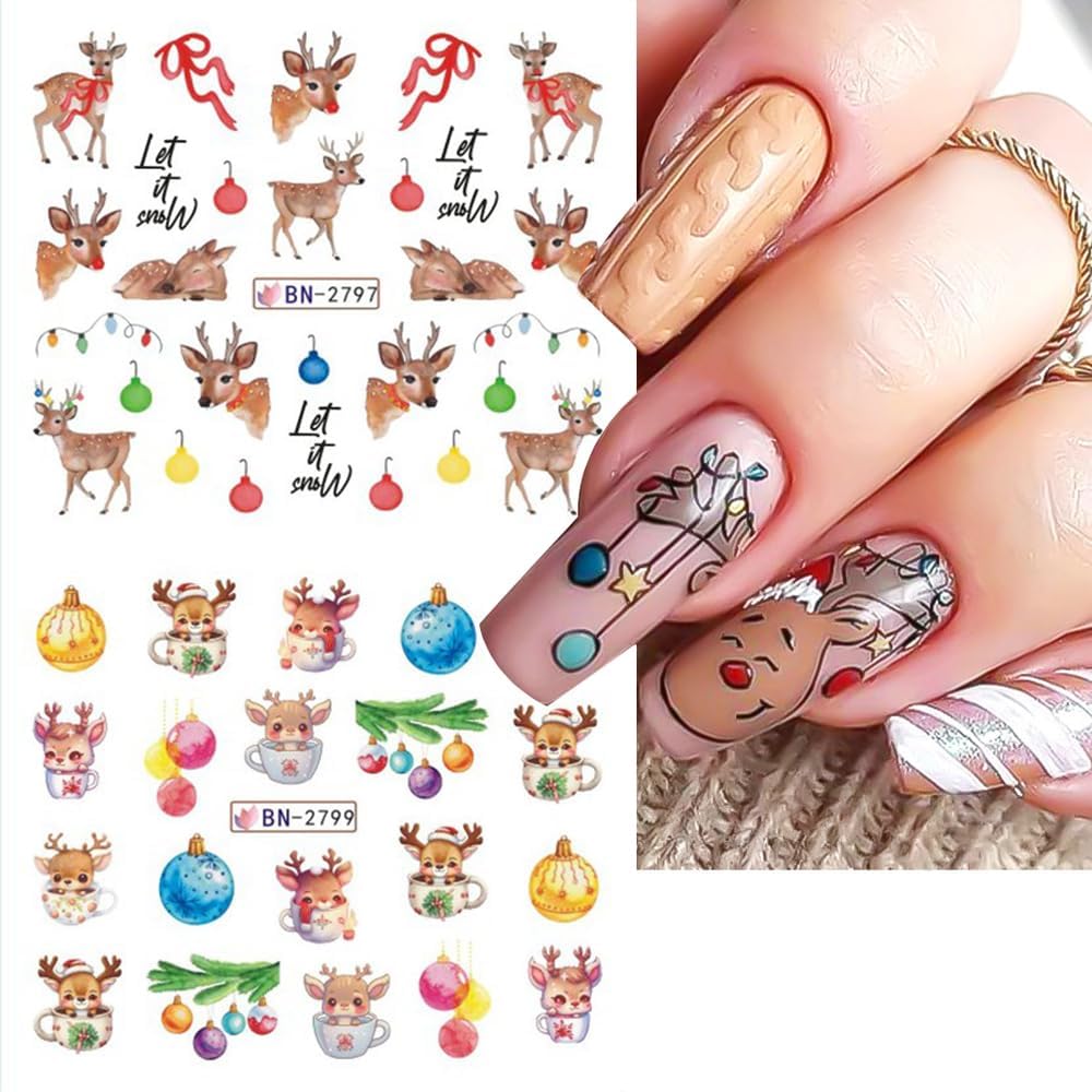 Christmas Nail Art Stickers Decals Snowflake Water Transfer Slider Nail Foils for Christmas Nail Art Supplies Cartoon Santa Claus Elk Gift Polar Bear Winter Design DIY Manicure Tips Stickers for Nails-BrightBean Baby