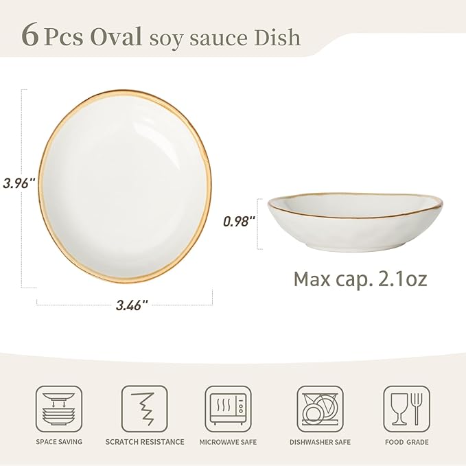 famiware Ocean Soy Sauce Dishes of 6, Oval Dipping Sauce Cups/Bowls/Dishes for Kitchen, 2.1oz Ceramic Small Bowls for Side Dish, Appetizers, Snacks, and Sushi, Reactive Glaze, Cappuccino White