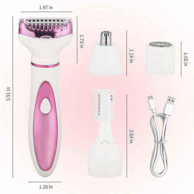 Electric Razor for Women Men,4 in 1 Painless Ladies Wet & Dry Body Razors and Facial Hair Remover,Rechargeable Led Display Hair Removal Kit for Nose Face Body Leg Bikini Arm Hair (Pink)-BrightBean Baby