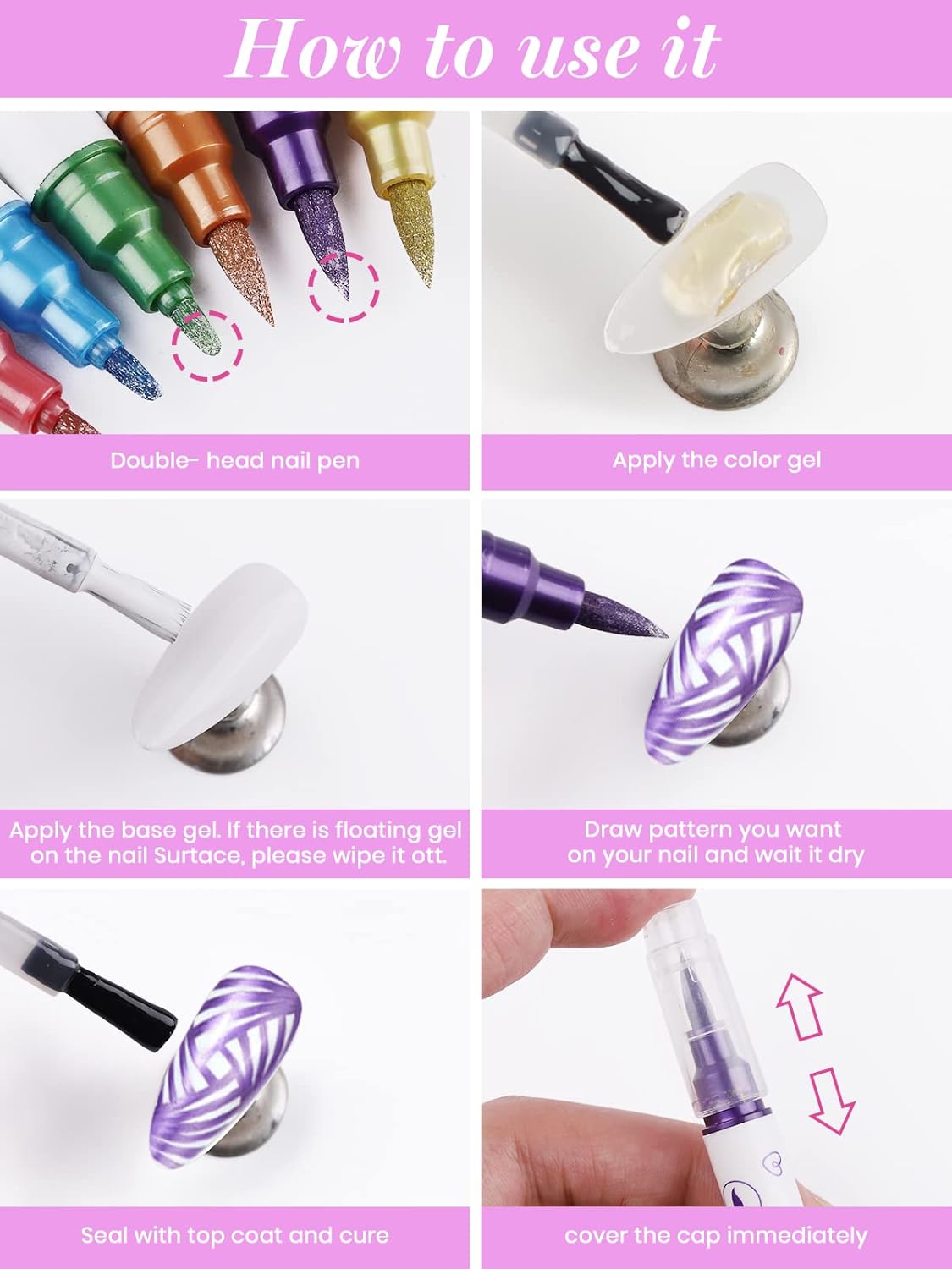 10 Color Metal Giltter 3D Nail Art Pens Set, Kalolary Double-ended Nail Point Dotting Pen Drawing Painting Liner Brush for DIY Nail Art Beauty Adorn Manicure Tools(G)-BrightBean Baby